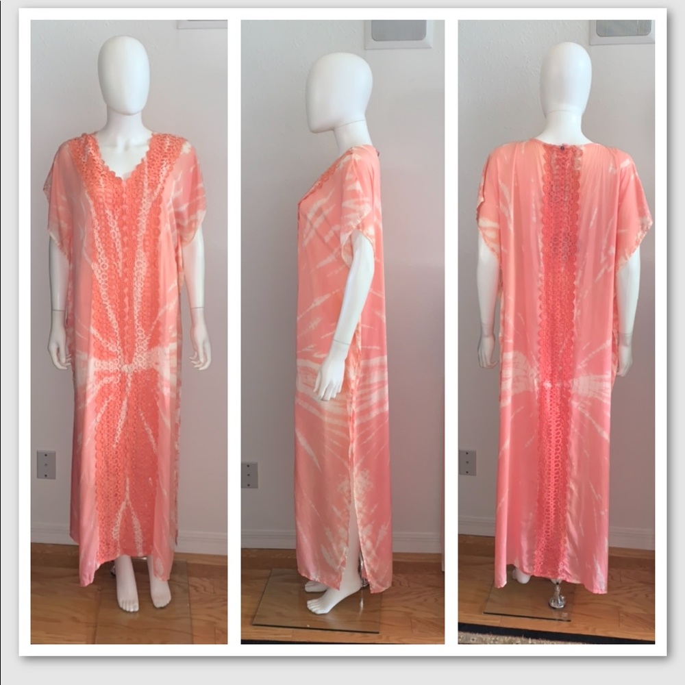NWD Z&L Europe pink coral tie dye maxi caftan dress beach coverup OS